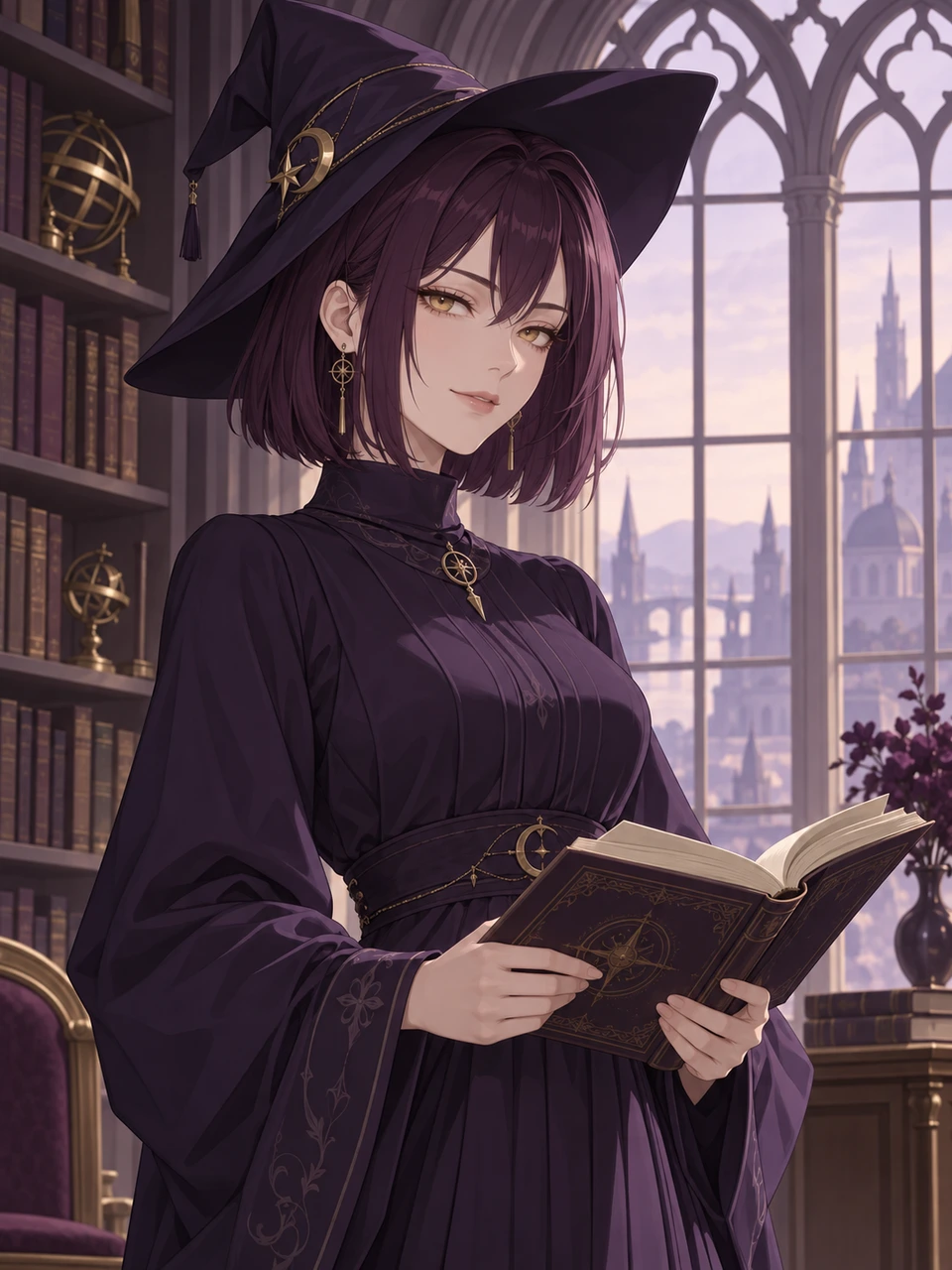Elara, a violet-haired scholar in an arched library