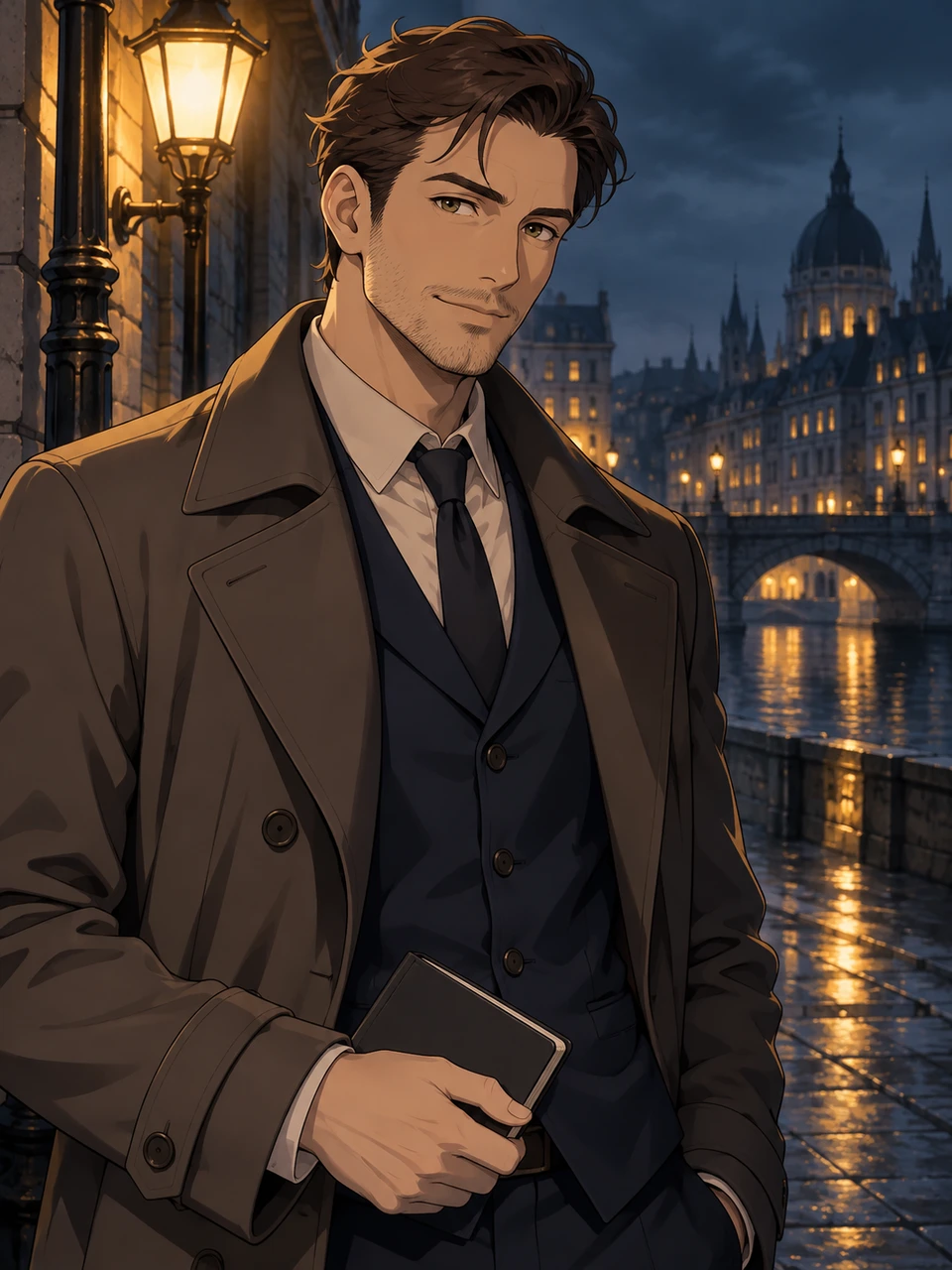 Elias, a detective standing under an amber street lamp