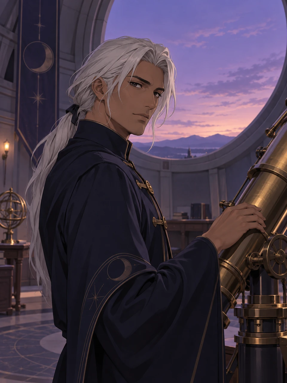 Kael with a telescope in a twilight observatory