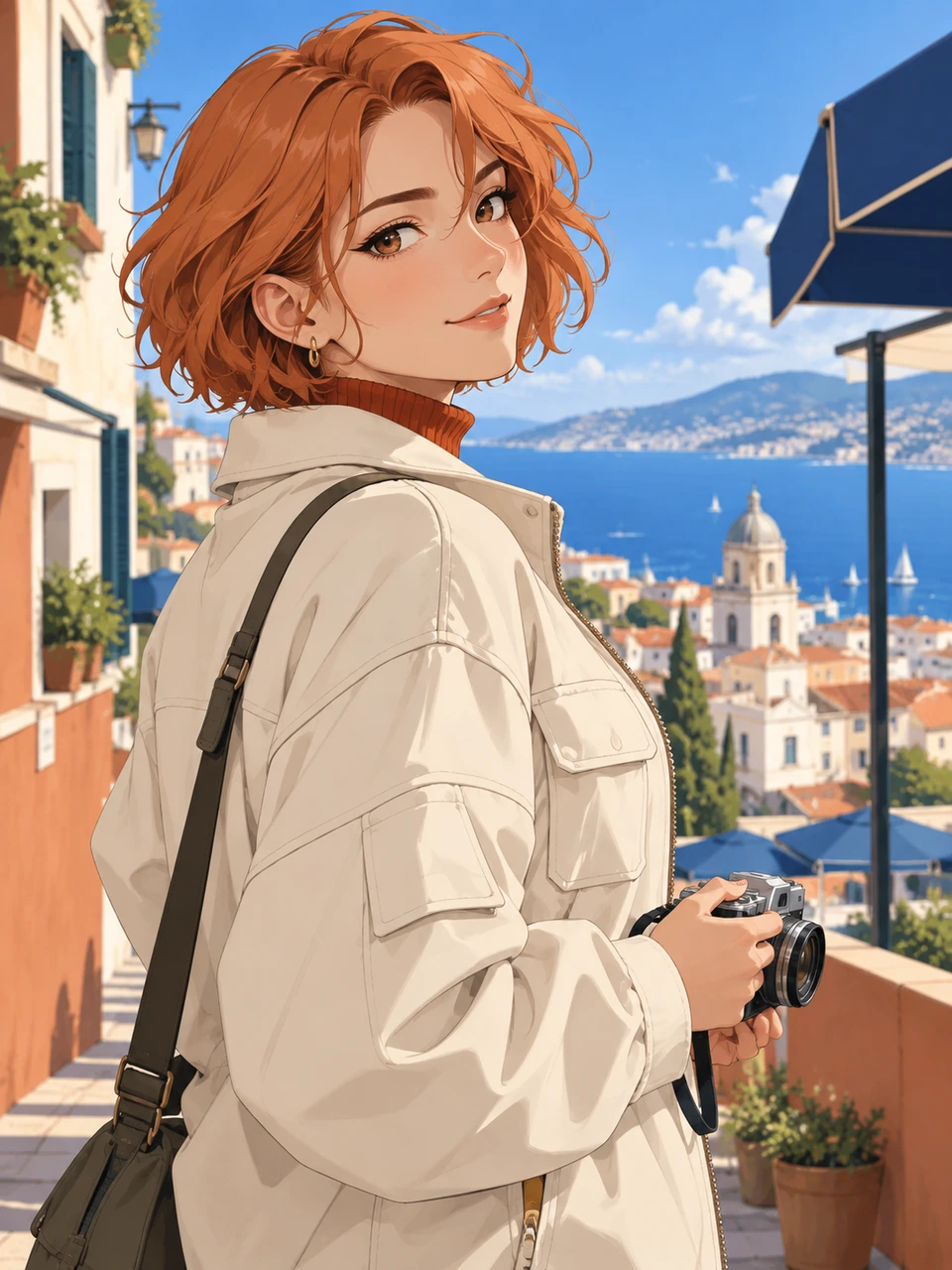 Mira, a copper-haired photographer in a cream jacket