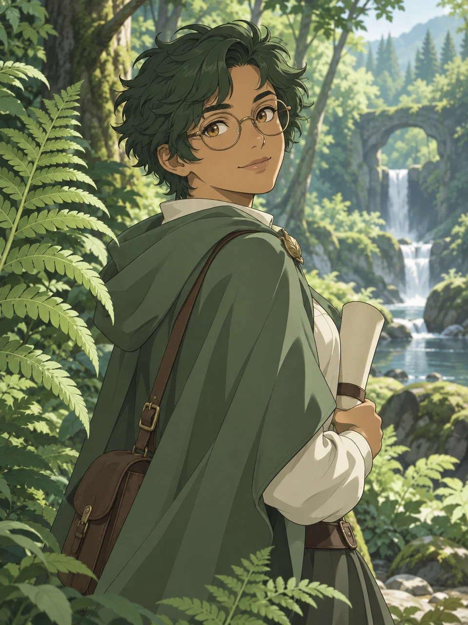 Moss, a green-haired forest cartographer with amber glasses