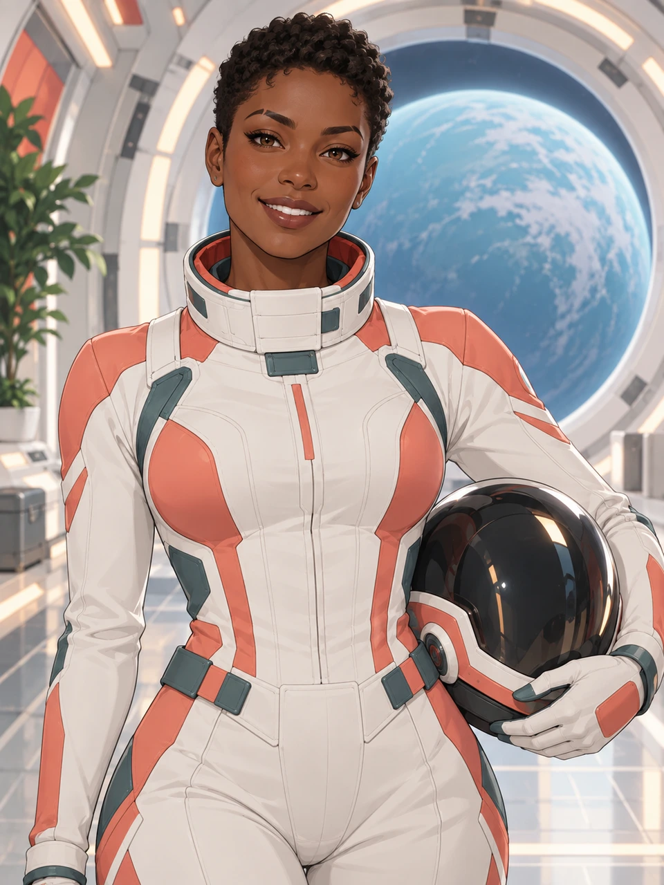 Nia, a space navigator in a white and coral flight suit