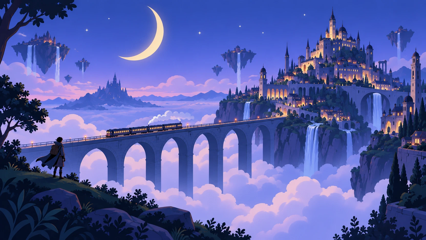 A moonlit train approaching a fantastical city above the clouds