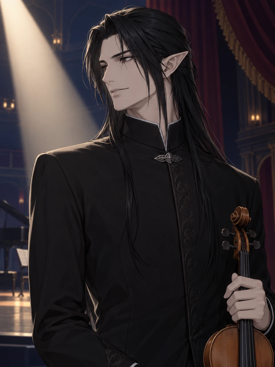 Riven, a dark-haired elven violinist in a midnight theater