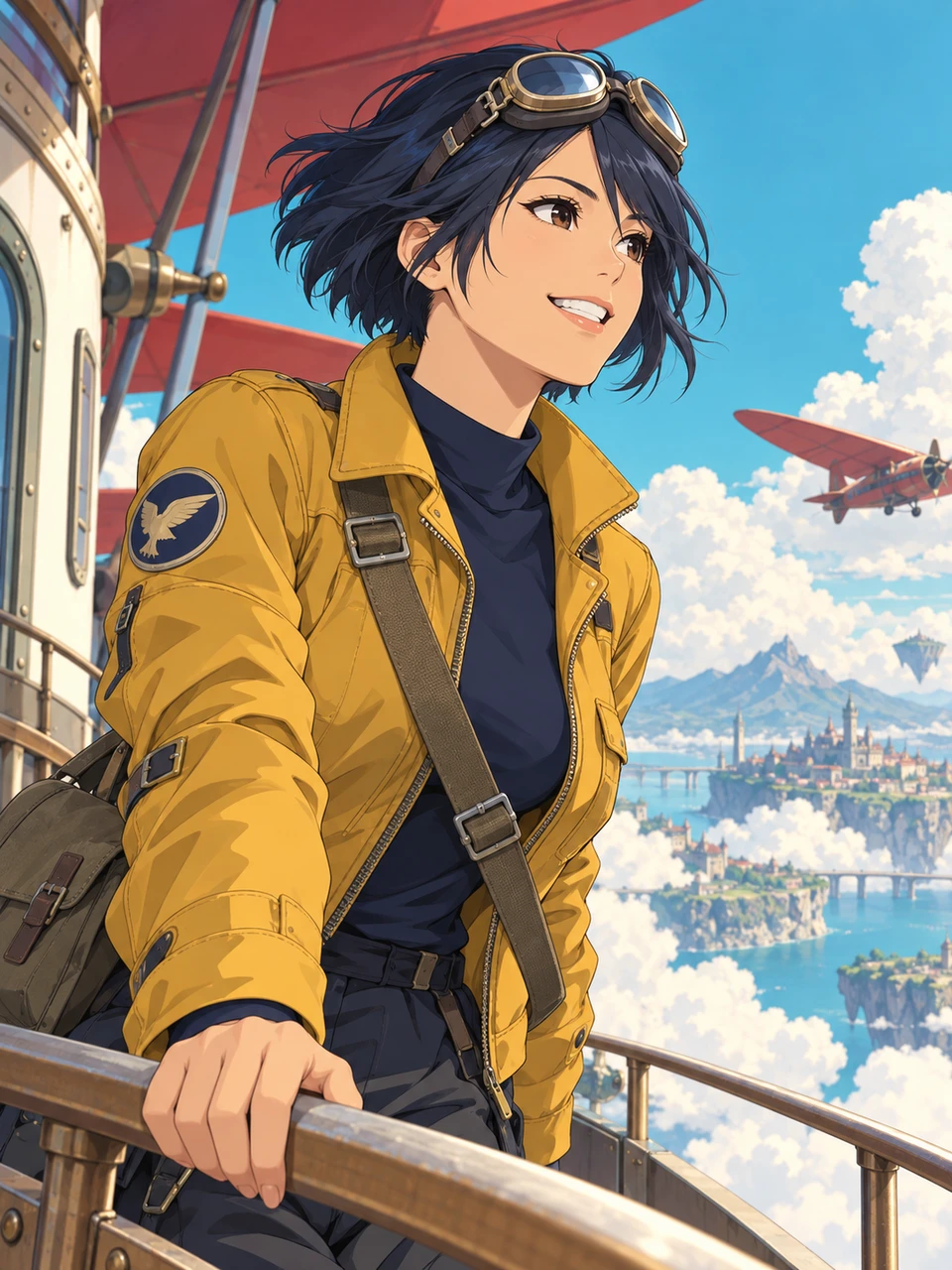 Sora, a sky courier in a mustard flight jacket