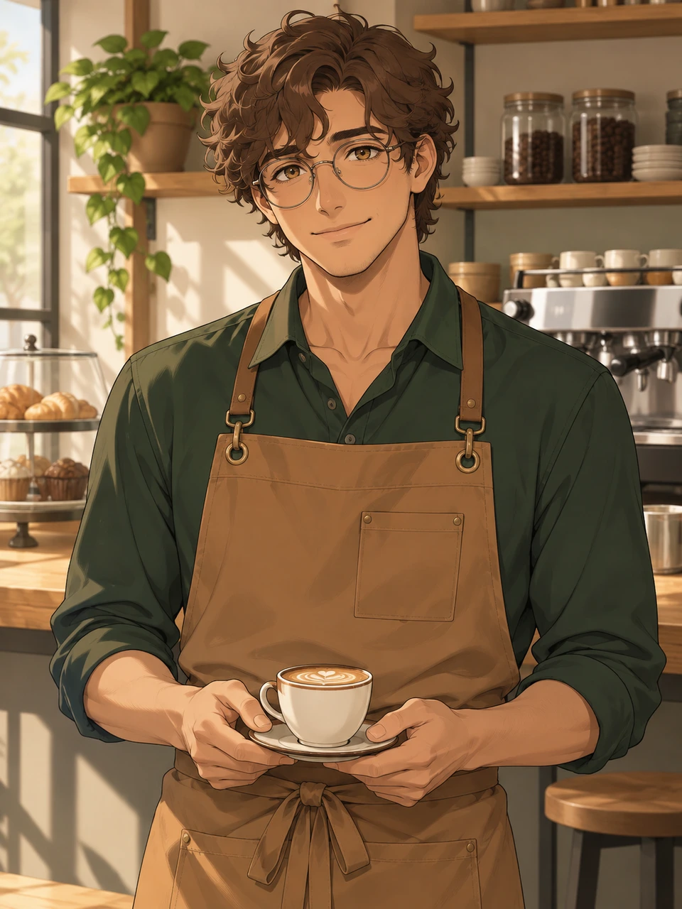 Theo, a curly-haired barista holding a ceramic cup