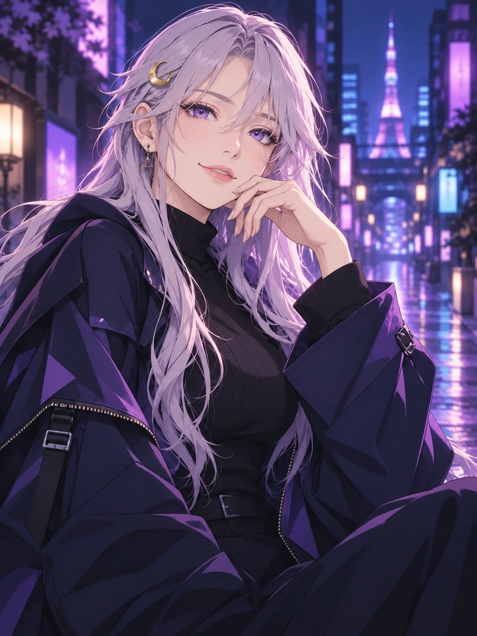 Yuna, silver-haired, in a violet neon city